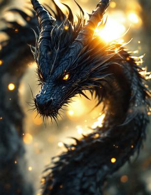 Primary subject: A dragon with a ferocious expression.

Setting/background: The dragon is in a dark, shadowy environment.

Visual style: The image is a digital art or illustration.

Colors and mood: The dragon has a black and yellow color scheme, and it appears to be angry or aggressive.